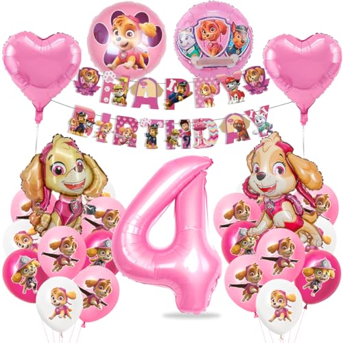 Geburtstagsdeko 4 Jahre Mädchen, Hund Patrol Geburtstag Deko, Sky Luftballons, Hund Patrol Ballons, Folienballon Zahl 4, Happy Birthday Banner für 4 Jahre Kindergeburtstag Partydeko von Menelos