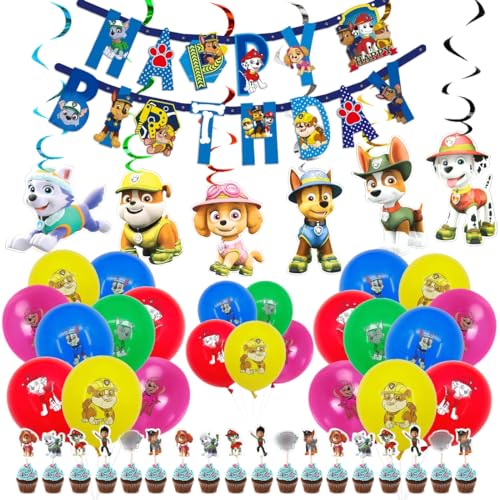 Geburtstagsdeko Jungen und Mädchen, Dog Geburtstag Deko, Kindergeburtstag Deko Set mit Happy Birthday Girlande, Luftballons, Hund Kuchen Deko, Spiralen für Partydekorationen von Menelos