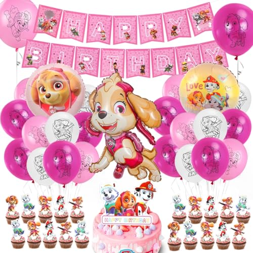 Geburtstagsdeko Mädchen, Dog Patrol Luftballons, Geburtstag Deko Rosa, Kindergeburtstag Deko Set mit Hunde Folienballon, Tortendeko, Happy Birthday Banner als Partydeko Kinder von Menelos