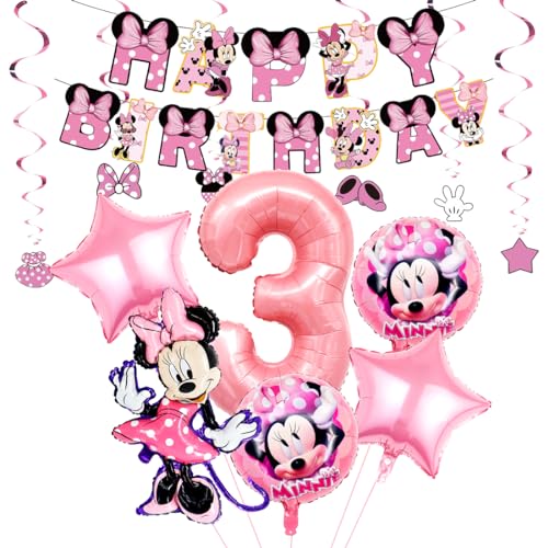 Geburtstagsdeko Mädchen 3 Jahre, Luftballons 3 Geburtstag Mädchen，Rosa Mouse 3. Geburtstag Party Supplies, Ballon Banner für Kinder Geburtstag Party Dekoration von Menelos