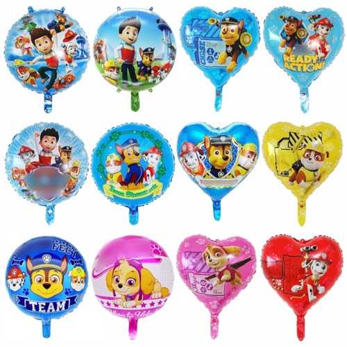 Hund Patrol Luftballons, Ballons Geburtstag, 12 Stück Folienballon Paw Dog, Cartoon Helium Ballons, Tier Folienluftballon, Foil Balloons als Kindergeburtstag Deko für Jungen, Mädchen (Rund und Herz) von Menelos