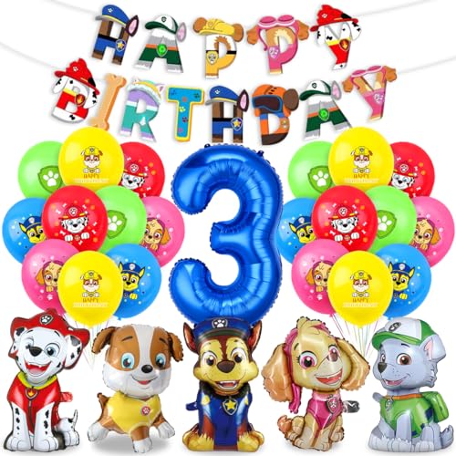 Patrol Geburtstag Deko 3 Jahre, Paw Dog Luftballons Kindergeburtstag, Hund Patrol Dog Blau luftballon 3 Geburtstag, Paw Ballon Dekoration, Happy Birthday Banner für 3 jahre Dog Patrol Party von Menelos