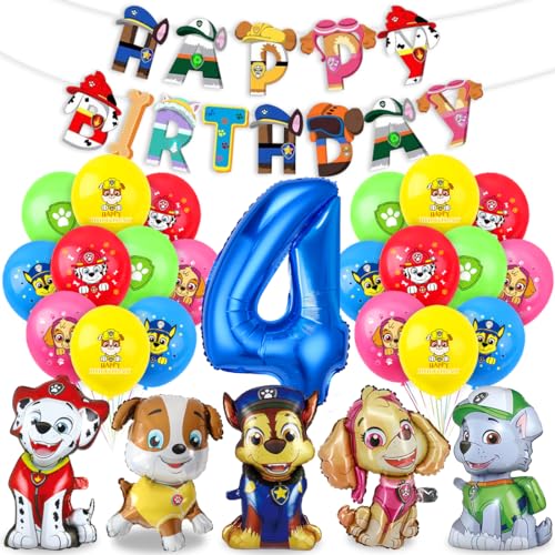 Patrol Geburtstag Deko 4 Jahre, Paw Dog Luftballons Kindergeburtstag, Hund Patrol Dog Blau luftballon 4 Geburtstag, Paw Ballon Dekoration, Happy Birthday Banner für 4 jahre Dog Patrol Party von Menelos