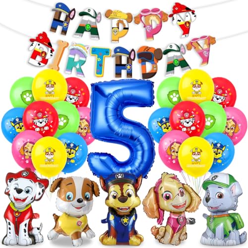 Patrol Geburtstag Deko 5 Jahre, Paw Dog Luftballons Kindergeburtstag, Hund Patrol Dog Blau luftballon 5 Geburtstag, Paw Ballon Dekoration, Happy Birthday Banner für 5 jahre Dog Patrol Party von Menelos
