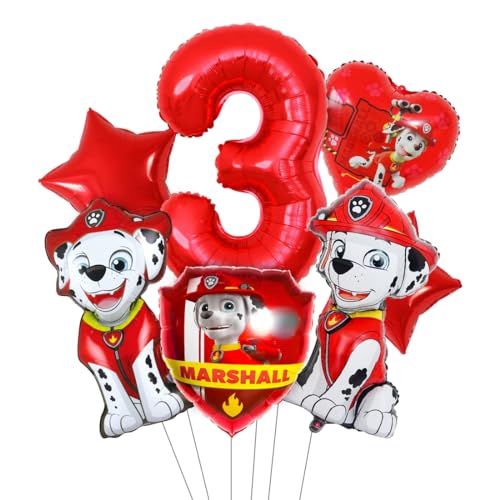 Paw Dog Geburtstag Deko 3 Jahre, Luftballon 3. Geburtstag Rot, 7pcs Hund Patrol Ballons, Geburtstagsdeko 3 Jahre Kinder, Marschal Folienballon als Kindergeburtstag Partydeko Set von Menelos