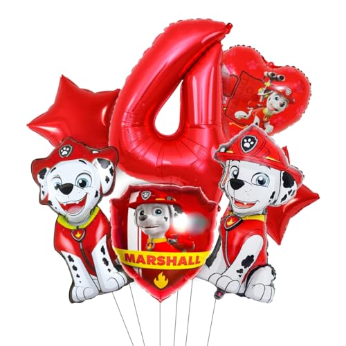 Paw Dog Geburtstag Deko 4 Jahre, Luftballon 4. Geburtstag Rot, 7pcs Hund Patrol Ballons, Geburtstagsdeko 4 Jahre Kinder, Marschal Folienballon als Kindergeburtstag Partydeko Set von Menelos