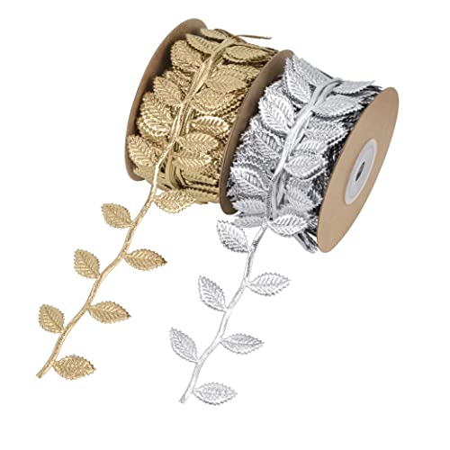 Blätter Streifen Geschenkband 22 Yards Lange Künstliches Blattband für DIY Handwerk Geschenkverpackung und Party Hochzeit Hausgarten Dekoration 2 Rollen (Gold und Silber) von MengH-SHOP