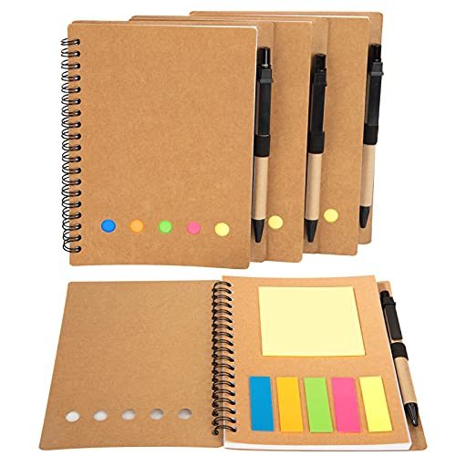 Spiral Notizbuch Spiralbuch Kraftpapier-Abdeckung Notizblock Tagebuch Notizheft mit Stift im Halter & Haftnotizen & Bunt Haftmarker Film für Schule, Büro, Haus 4 Stück von MengH-SHOP