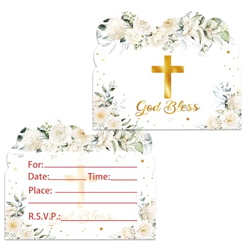 Menipros 20 Stück weiße Party-Einladungskarten mit Aufschrift "God Bless", Geburtstagsparty-Zubehör, Erstkommunion-Themen-Einladungen von Menipros