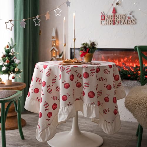 Menkala Weihnachten Tischdecke Rund 150 cm Abwaschbar Rot Süßigkeiten Boegen Tischtuch mit Rüschen Romantisch Baumwolle Leinen Weihnachtstischdecke für Home Küche Speisetisch Xmas Dekoration von Menkala