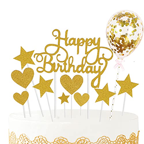 22 Stück Kuchendeko Tortendeko Geburstagstorte Sternen Liebe mit Glitzer Konfetti-Ballon Geburtstag Cupcake Topper Happy Birthday Kuchendeko Kuchendekoration Geburtstagsfeier Dekoration(Golden) von Menmamenma