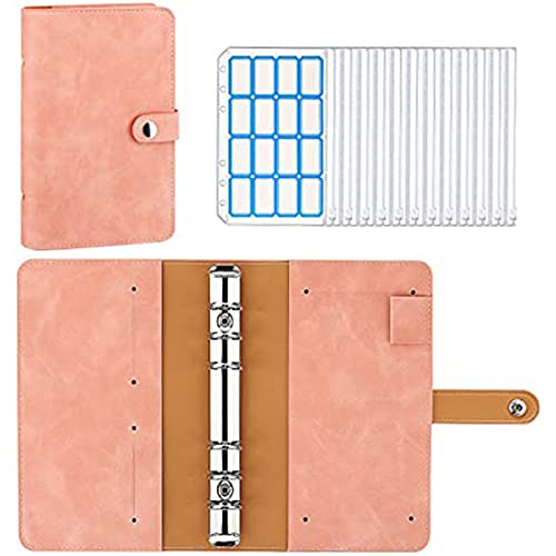 6 Löcher Loseblatt Notizbuch,A6 Binder Notizbuch PU Leder Notizbuch mit 12 Stück PVC Klar Plastik Binderumschlägen 16 Labels für Bargeld Umschläge, Karten Speicher (Rosa) von Menmamenma