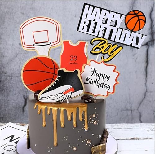 Geburtstag Tortendeko 6 Stück Set，Cake Topper, Geburtstagstorte Dekoration für Jungen, Basketball Kreatives Design Kuchendeko（Happy Birthday） von Menwings