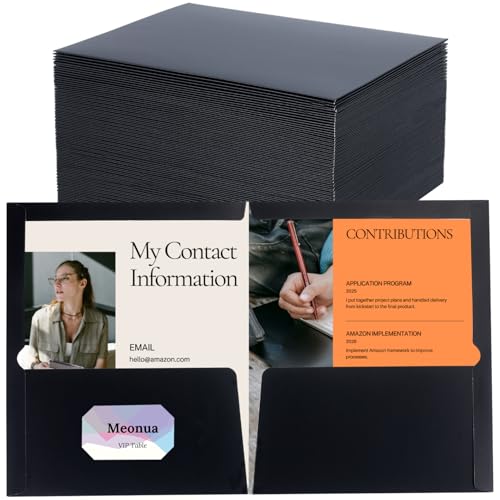 Zwei-Pocket-Ordner schwarz glänzend laminiert Papier Ordner Briefgröße Ordner mit Taschen für 100 Blatt Box mit 48 Stück von Meonua