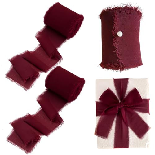 Chiffon -Band, 3 Rollen 2in x 5yard Fransen Burgundy Ribbon, Cuttable Bouquet, Franed Edge -Bänder für Kunsthandwerk, Geschenkverpackung, Blumenstrauß, Hochzeitseinladung, Weinrot von Meooyo