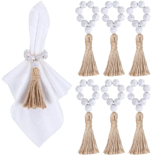 Holzperlen Serviettenringe 6pcs 6 Zoll Holz Serviettenringe mit Quasten für Esstisch, Hochzeit, Party Mehrzweck weiß für Kerzen, Türknauf, Wand Holzperlen Serviettenringe 6pcs 6 Zoll Holz Serviettenringe mit Quasten für Esstisch, Hochzeit, Party Mehrzweck weiß für Kerzen, Türknauf, Wand von Meooyo