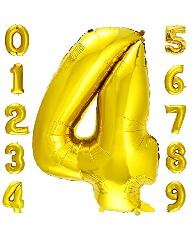 Meowoo Helium Luftballon Riesen Geburtstag 100CM Folienballon Zahl 0~9 XXL Geburtstag Party Dekoration Supplies Geburtstagsdeko (Gold- num 4) von Meowoo