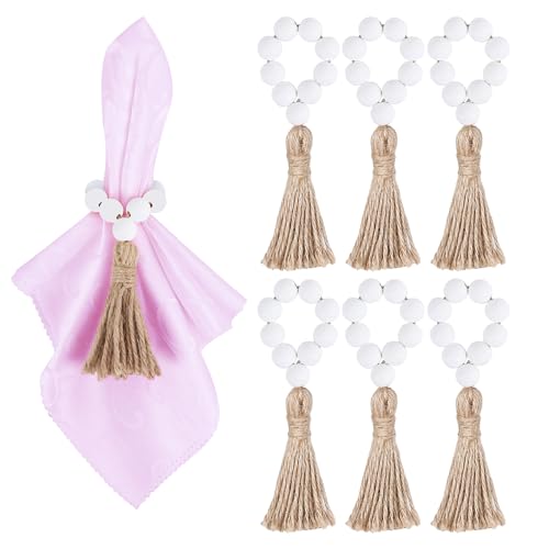 Meplait 6 Stück Holzperlen Serviettenringe Bauernhaus Dehnbare Serviettenringe mit Quaste Boho Stil für Esstisch Hochzeit Dekoration (Weiß) von Meplait