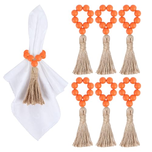 Meplait Herbst-Serviettenringe, 6 Stück, Halloween-Serviettenhalter, Holzperlen, Thanksgiving-Tischdekorationen (Orange) von Meplait