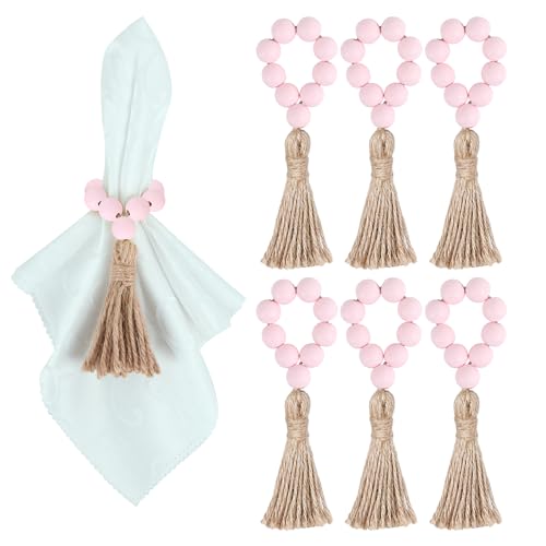 Meplait Serviettenringe mit Holzperlen, Bauernhaus, dehnbar, Serviettenringe mit Quaste, Boho-Design, für Esstisch & Hochzeitsdekoration (Rosa) von Meplait