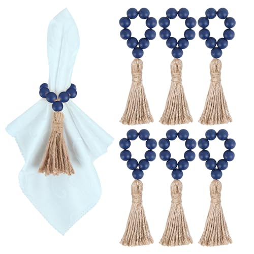 Meplait Serviettenringe mit Holzperlen, Bauernhaus, dehnbar, Serviettenringe mit Quaste für Esstisch, Hochzeitsdekoration, 6 Stück (Marineblau) von Meplait
