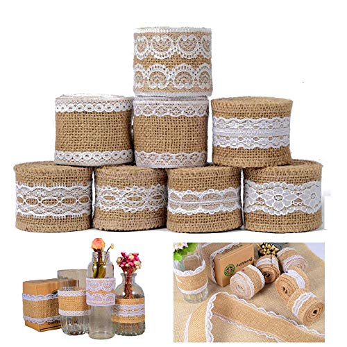 Juteband Mit Spitze,Mercy World 8X2M Juteband Spitzenband 8 Rolle Vintage Hessische Natürliche Sackleinen Band mit Weisse Spitzen für DIY Handwerk Hochzeit Party Weihnachten Deko von Mercy World