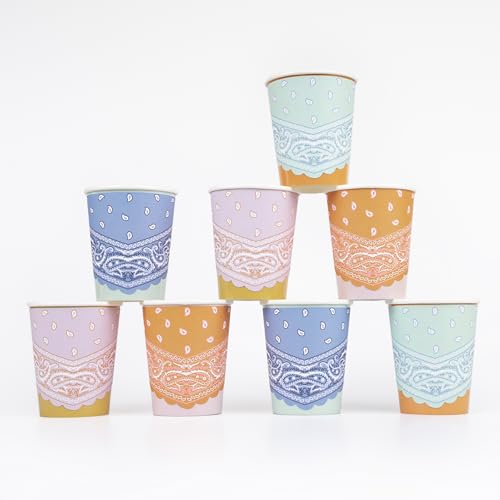 Meri Meri Western Bandana Partybecher (8 Stück), Einweg-Pappbecher, heiße und kalte Getränke, Kinder & Erwachsene, 4 rustikale Farbvarianten, Cowboys & Cowgirls, Geburtstagsfeier, 266 ml von Meri Meri