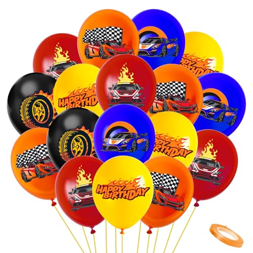 Merihap 35 Stück Rennwagen-Geburtstagsparty-Luftballons, rot, blau, orange, gelb, schwarz, Rennmottoparty-Dekorationen, karierte Flaggen-Design von MeriHap