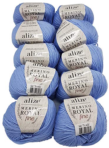 Merino Royal fine 10 x 50g Strickwolle Alize, 100% Merino Wolle, 500 Gramm Merinowolle einfarbig (blau 480) von Merino Royal fine