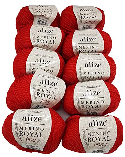 Merino Royal fine 10 x 50g Strickwolle Alize, 100% Merino Wolle, 500 Gramm Merinowolle einfarbig (rot 56) von Merino Royal fine