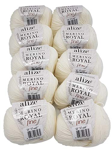 Merino Royal fine 10 x 50g Strickwolle Alize, 100% Merino Wolle, 500 Gramm Merinowolle einfarbig (weiß 55) von Merino Royal fine