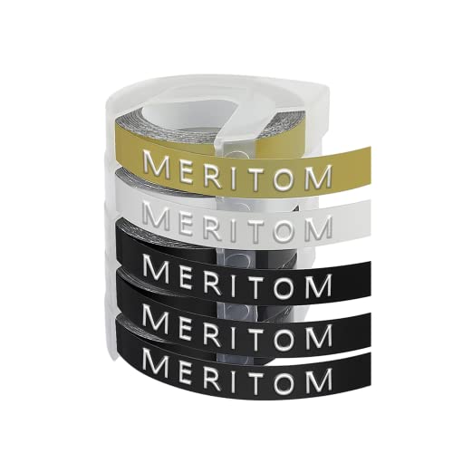 Meritom Kompatibel für Dymo Omega Junior Etikettenband für Dymo Junior Omega Prägegerät, 3D Kunststoff 9mm x 3m für Dymo Omega Junior Prägeetiketten(3 x Weiß auf Schwarz, 1 x Weiß auf Gold/Silber)5X von Meritom