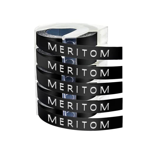 Meritom Kompatibel Prägeband für Dymo Omega Prägegerät 9mm x 3m Weiß auf Schwarz 3D Prägebändern, Klebendes Vinyl-Prägeetiketten für Dymo Junior Etikettenband, Dymo Omega Etikettenband, 5er-Pack von Meritom