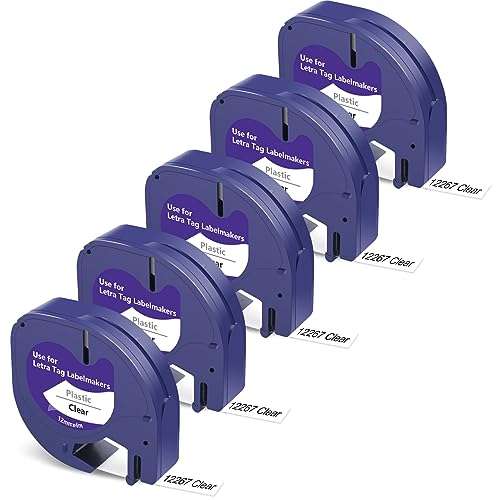 Meritom Kompatible für Dymo Letratag Etikettenband Transparent Arbeit mit Dymo Letratag LT-100H LT-100T Letratag XR XM 200B, für Letratag 12mm x 4m Kunststoff Bänder Schwarz auf Clear, 5er-Pack von Meritom
