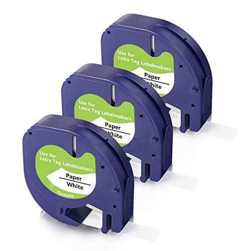 Meritom Kompatible für Dymo LetraTag Paper White Tape 12mm x 4m Schwarz auf Weiß für Dymo Letratag Papier Etikettenband 91220 mit Letratag LT-100H LT-100T LT-110T XR XM 200B Beschriftungsgerät 3X von Meritom