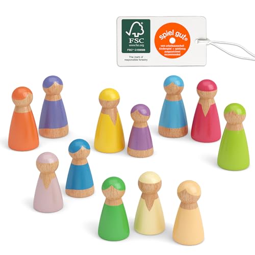 Merle Toys® Regenbogen Holzfiguren Kinder, Waldorf Spielzeug ab 2 Jahren, Waldorfpuppen in 2 Größen, Holzmännchen aus 100% FSC zertifiziertem Holz, Set mit 12 farbenfrohen Aufstellungsfiguren von Merle Toys