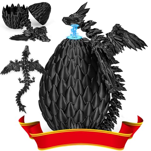 3D Gedrucktes Drachenei mit Drache mit Flügeln, 22CM Fliegender Drachen Spielzeug, Drache im Ei und Ewegliche Gelenke Kristall Drache mit DREI Magnetverschlüssen, Schreibtisch Dekoration (Schwarz) von Merrwon