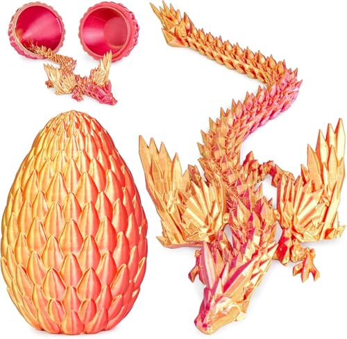 3D Gedrucktes Drachenei mit Drache mit Flügeln, 22CM Fliegender Drachen Spielzeug, Drache im Ei und Ewegliche Gelenke Kristall Drache mit drei Magnetverschlüssen, Schreibtisch Dekoration (Rotgold) von Merrwon