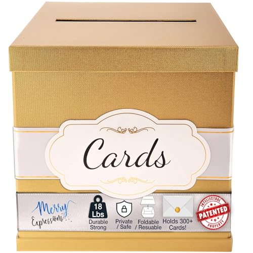 Merry Expressions Gold Hochzeitskartenbox für Party, Hochzeit, Geburtstag, Abschluss - 25 x 25 cm Kartenbox für Karten - Hochzeitsgeschenkkartenbox mit weißem & goldenem Satinband & Kartenetikett Merry Expressions Gold Hochzeitskartenbox für Party, Hochzeit, Geburtstag, Abschluss - 25 x 25 cm Kartenbox für Karten - Hochzeitsgeschenkkartenbox mit weißem & goldenem Satinband & Kartenetikett von Merry Expressions