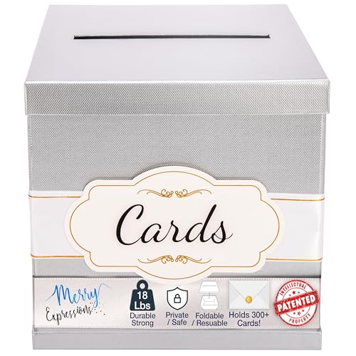 Merry Expressions Silber Hochzeitskartenbox für Party, Hochzeit, Geburtstag, Abschluss - 25 x 25 cm Kartenbox für Karten - Hochzeitsgeschenkkartenbox mit weißem & goldenem Satinband & Kartenetikett Merry Expressions Silber Hochzeitskartenbox für Party, Hochzeit, Geburtstag, Abschluss - 25 x 25 cm Kartenbox für Karten - Hochzeitsgeschenkkartenbox mit weißem & goldenem Satinband & Kartenetikett von Merry Expressions