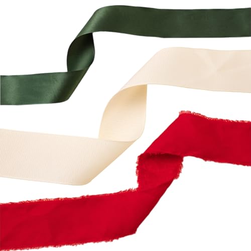 Merry Market Geschenkband-Set für Weihnachten, 3 Rollen, insgesamt 60 m, roter ausgefranster Samt, grüner Satin und cremefarbenes Ripsband von Merry Market (Paket 5) von Merry Market