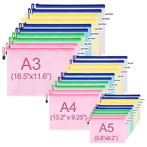 MerryNine Reißverschlusstasche Dokumententasche (5 Farben30 Pack) Briefgröße wasserdichte Dokumententasche für Schule Bürobedarf Kreuzstich Organizing Storage (A3-10Pack A4-10Pack A5-10Pack) von MerryNine