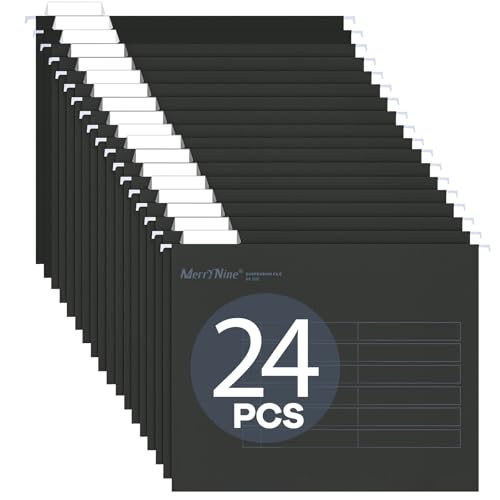 MerryNine A4-Hängemappen, 24 Stück, Aktenschrank, Hängemappen mit Registern und Karteneinsätzen, für Schule, Zuhause, Arbeit, Büro, Organisation (Schwarz, A4) von MerryNine