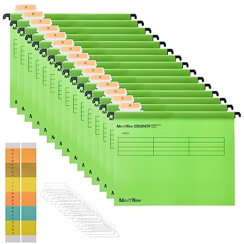 MerryNine A4-Hängemappen, Polypropylen, mit Registerkarten und Karteneinsätzen, für Schule, Zuhause, Arbeit, Büro, Organisation, 15 Stück (Grün) von MerryNine