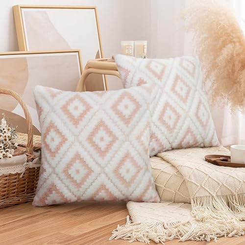 Merrycolor 2er Set Plüsch Kissenbezug 45x45cm Rechteckig Zierkissenbezug Flauschig Wolle Samt Kissenbezüge Boho Deko Kissen Sofakissen Dekokissen für Schlafzimmer Wohnzimmer Rosa von Merrycolor