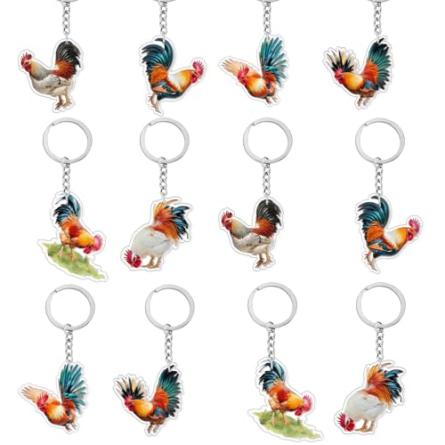 12 Stück Acryl-Hahn-Schlüsselanhänger, Huhn, Geburtstagsdekoration, Bauernhoftiere, Partygeschenke, Hahn-Schlüsselanhänger für Geldbörse, Taschen, Haustierliebhaber, Bauernhoftiere, Babyparty von Merrystorm