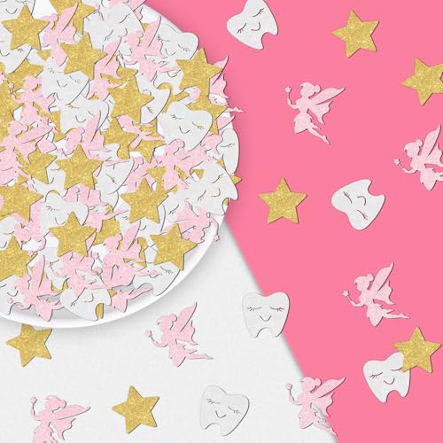 200 Stück Zahnfee Glitzer Konfetti Zahn Geburtstag Party Babyparty Dekorationen Rosa Fee Tisch Gold Stern Dekor für Mädchen Zahnthema Geburtstag Babyparty Party Supplies von Merrystorm