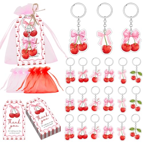 24 Set rote Kirsche Schlüsselanhänger, Partygeschenke, Kirsche auf der Oberseite, Party-Dekorationen, Kirschen, Schleife, Acryl-Schlüsselanhänger, Obstgeschenke, Dankeschön-Tags, rot-rosa von Merrystorm