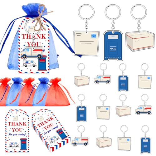 24pcs Mailman Ruhestand Partei Gunsten Schlüsselanhänger Rot Blaue Mail Lustig Danke Tags Organza Taschen Lkw Postfach Postarbeiter Schlüsselanhänger für den Ruhestand Geburtstag Dekor Zubehör von Merrystorm