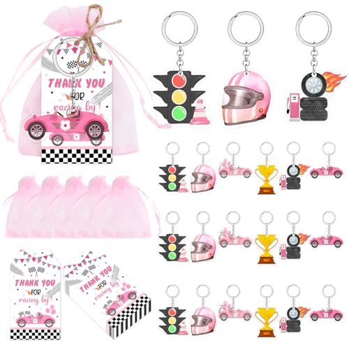 72 rosa Rennwagen-Partygeschenke für Mädchen, Rennauto, Babyparty, Geschenkbeutel, Füllstoff, Rennwagen-Schlüsselanhänger, Dankeschön-Etiketten, rosa Organza-Beutel für Mädchen, schnelles 1 2 von Merrystorm